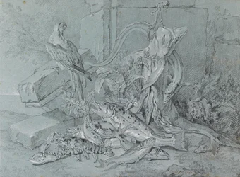 Nature morte avec poisson et perroquet
